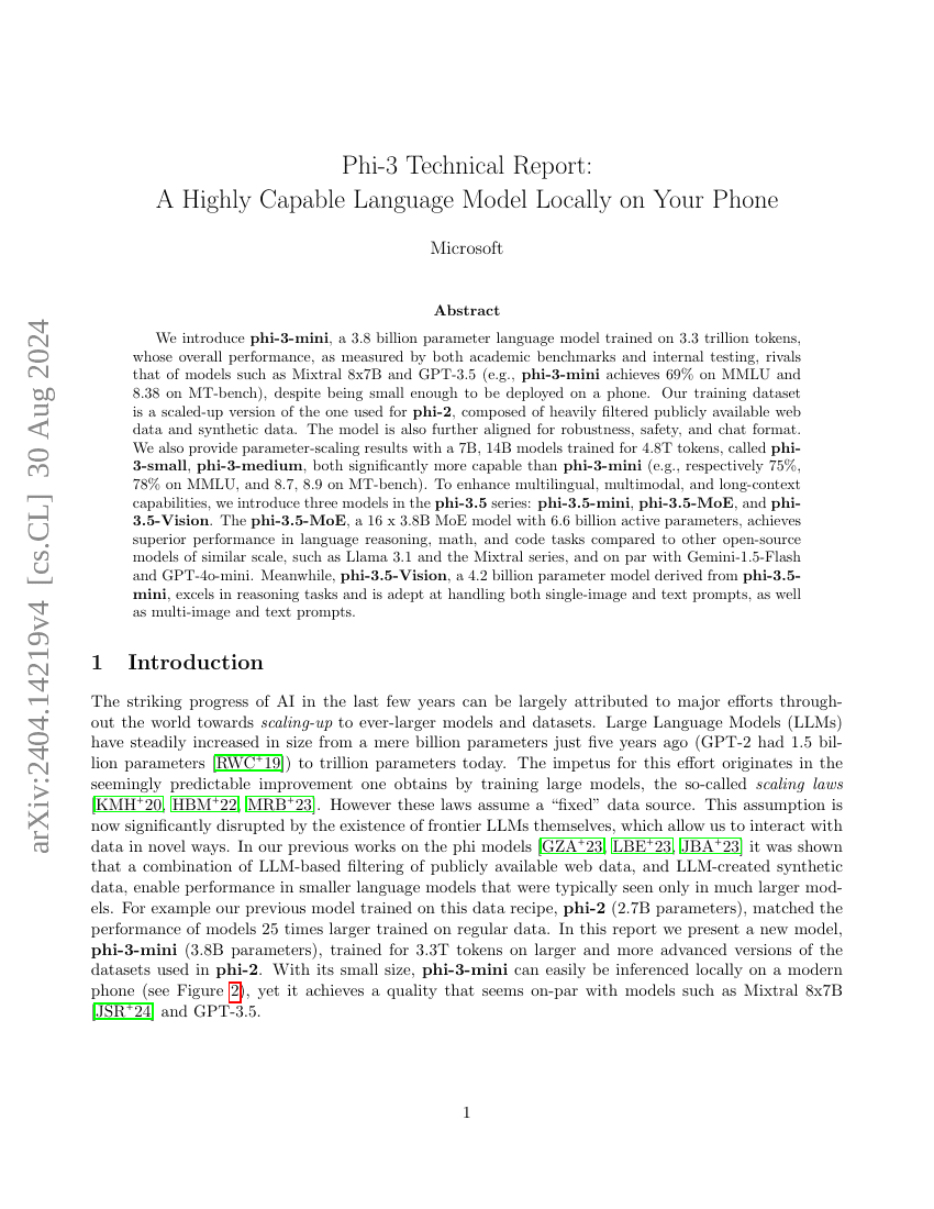 Phi-3 技术报告:一款可在你的手机上本地运行的高性能语言模型
