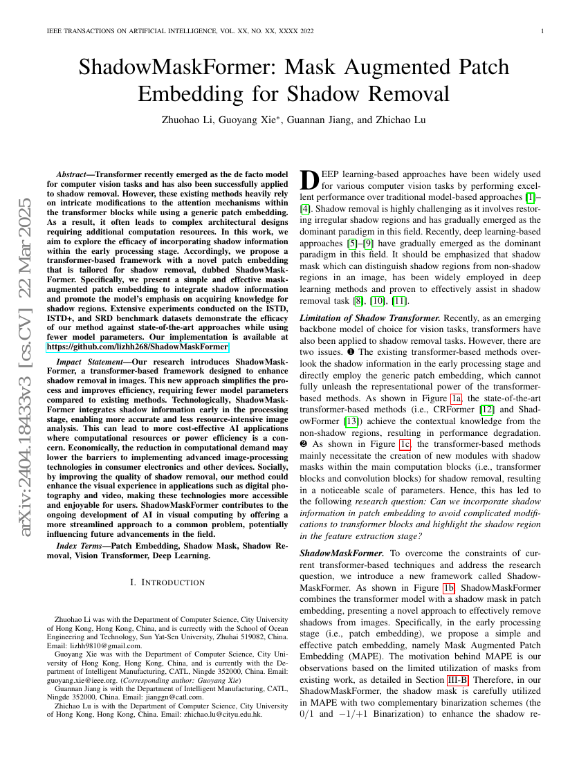 ShadowMaskFormer: 基于掩膜增强的补丁嵌入用于阴影去除