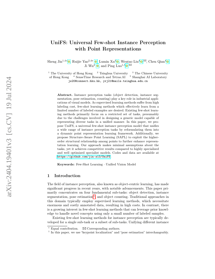 UniFS:基于点表示的通用少样本实例感知