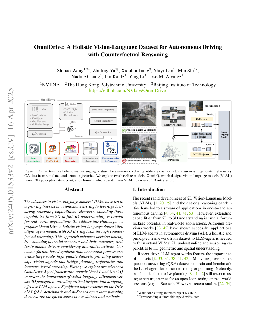 OmniDrive: A Holistic Vision-Language Dataset for Autonomous Driving with Counterfactual Reasoning