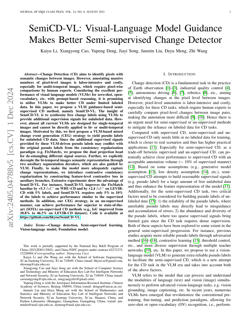 SemiCD-VL:视觉-语言模型引导下的半监督变化检测器