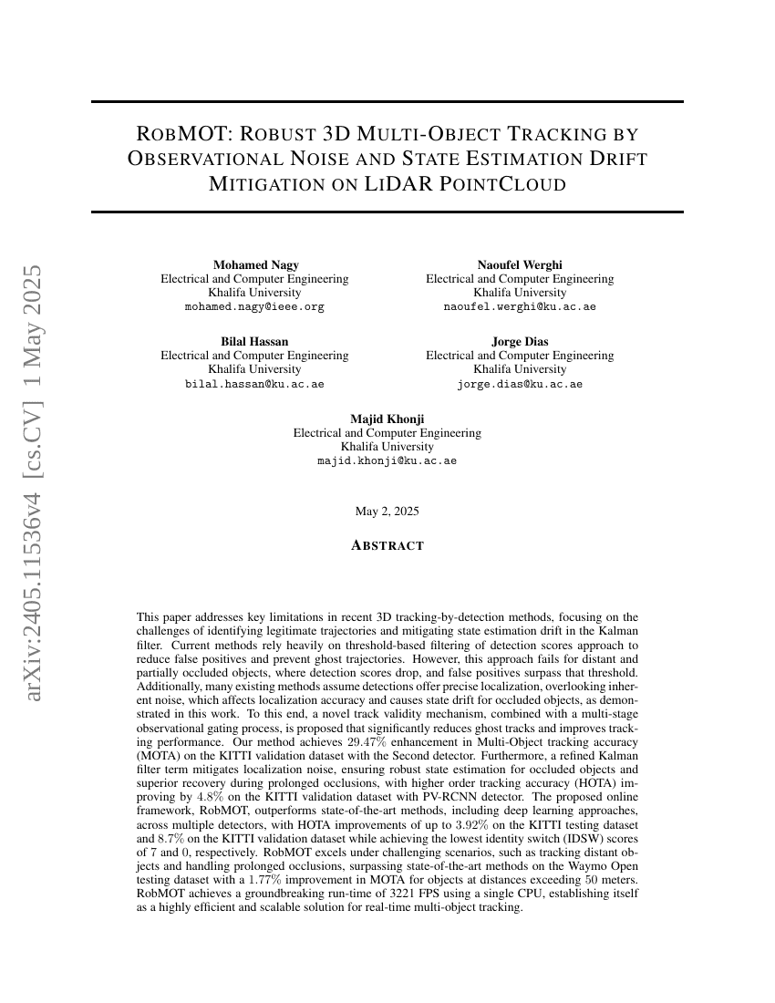 RobMOT:通过观测噪声和状态估计漂移抑制实现鲁棒的3D多目标跟踪激光雷达点云