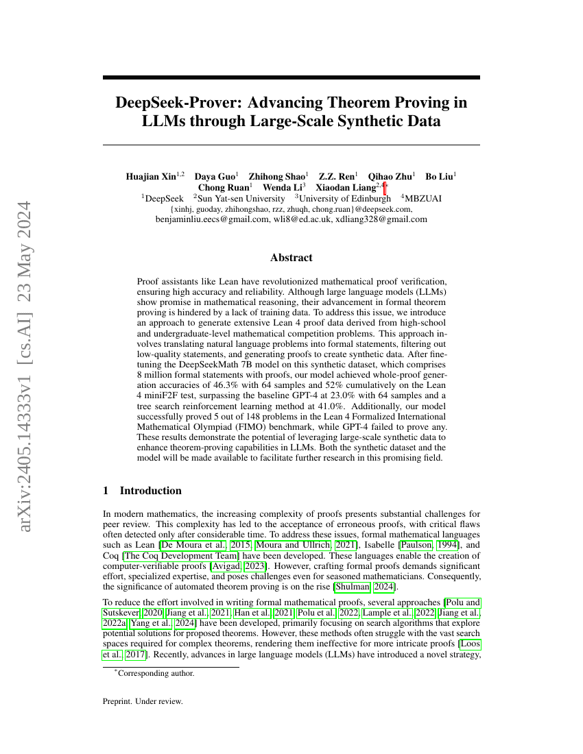 DeepSeek-Prover:通过大规模合成数据推进大型语言模型中的定理证明
