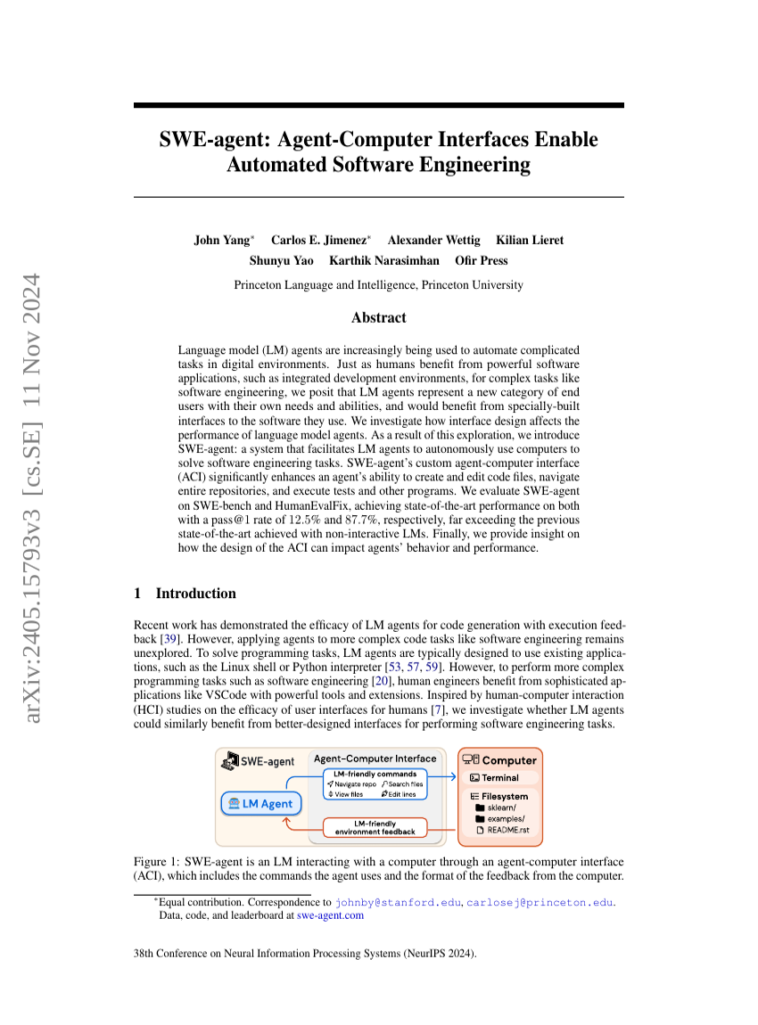 SWE-agent: Agent-Computer Interfaces Enable Automated Software Engineering
