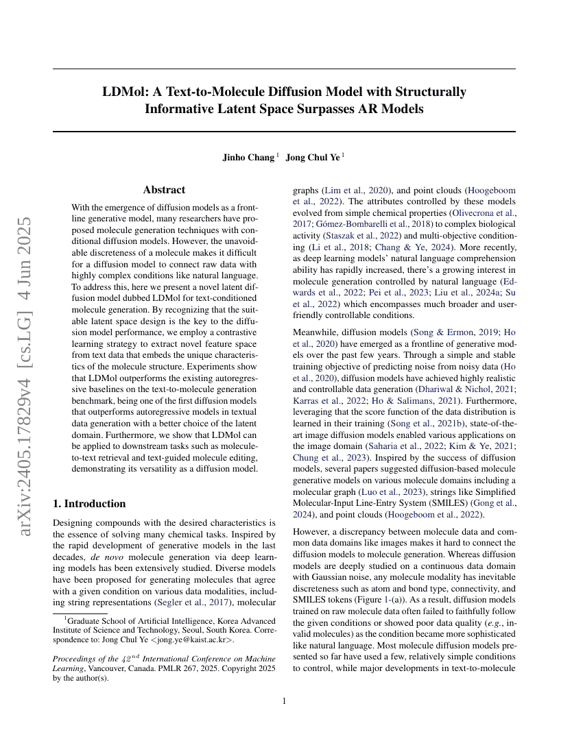 LDMol:一种具有结构信息潜在空间的文本到分子扩散模型超越了自回归模型