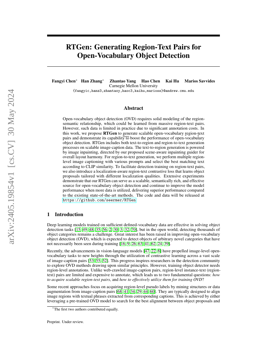RTGen:用于开放词汇目标检测的区域-文本对生成