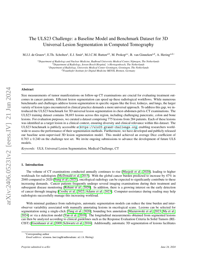 ULS23挑战赛:一种用于CT图像中3D通用病灶分割的基线模型与基准数据集