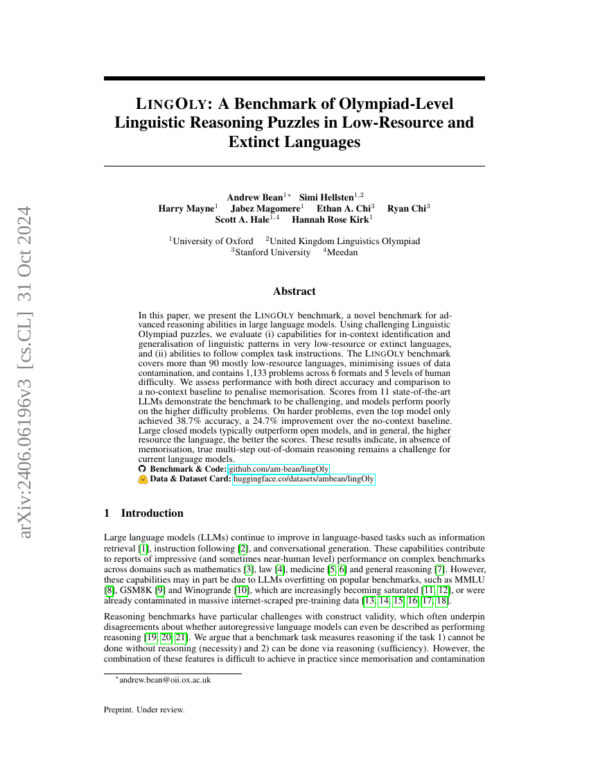 LINGOLY:低资源和已灭绝语言的奥林匹克级语言推理谜题基准