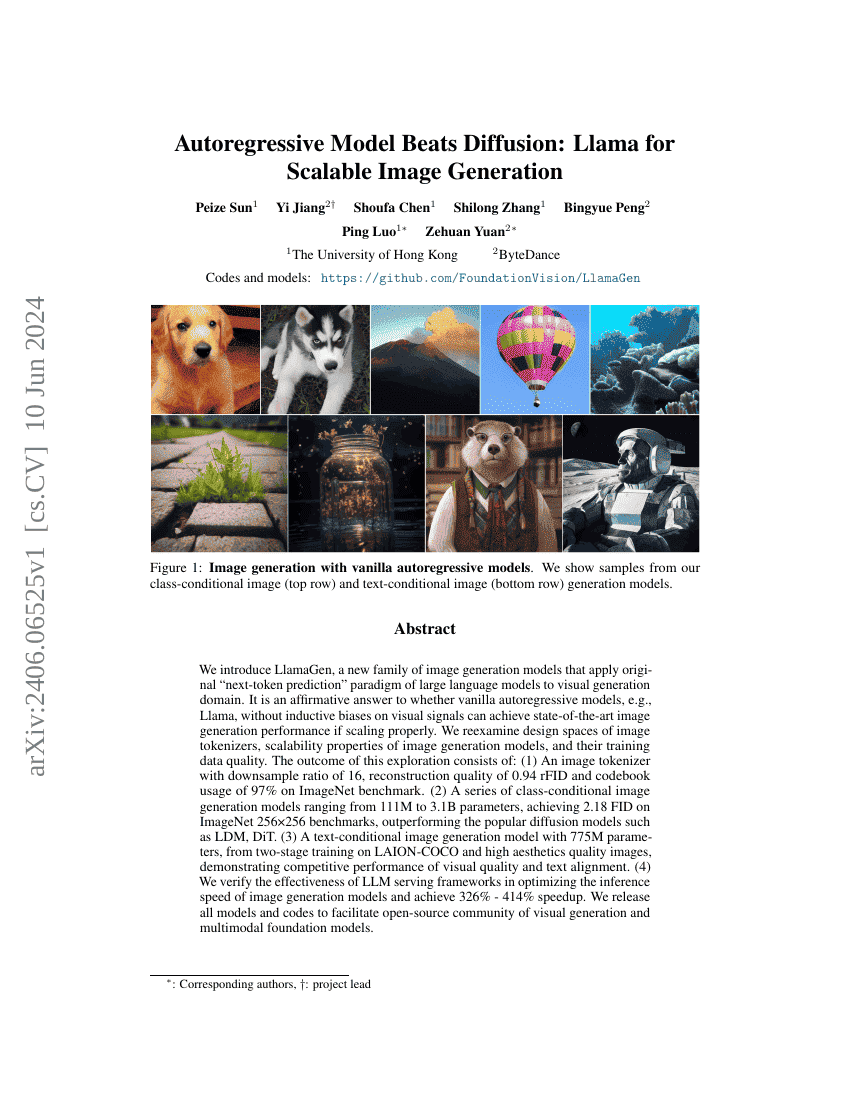 自回归模型胜过扩散模型：Llama 实现可扩展的图像生成