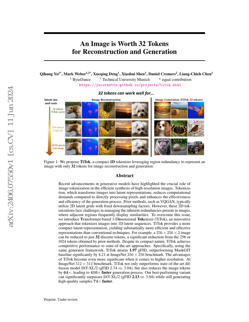 一张图像对于重建和生成而言价值32个token