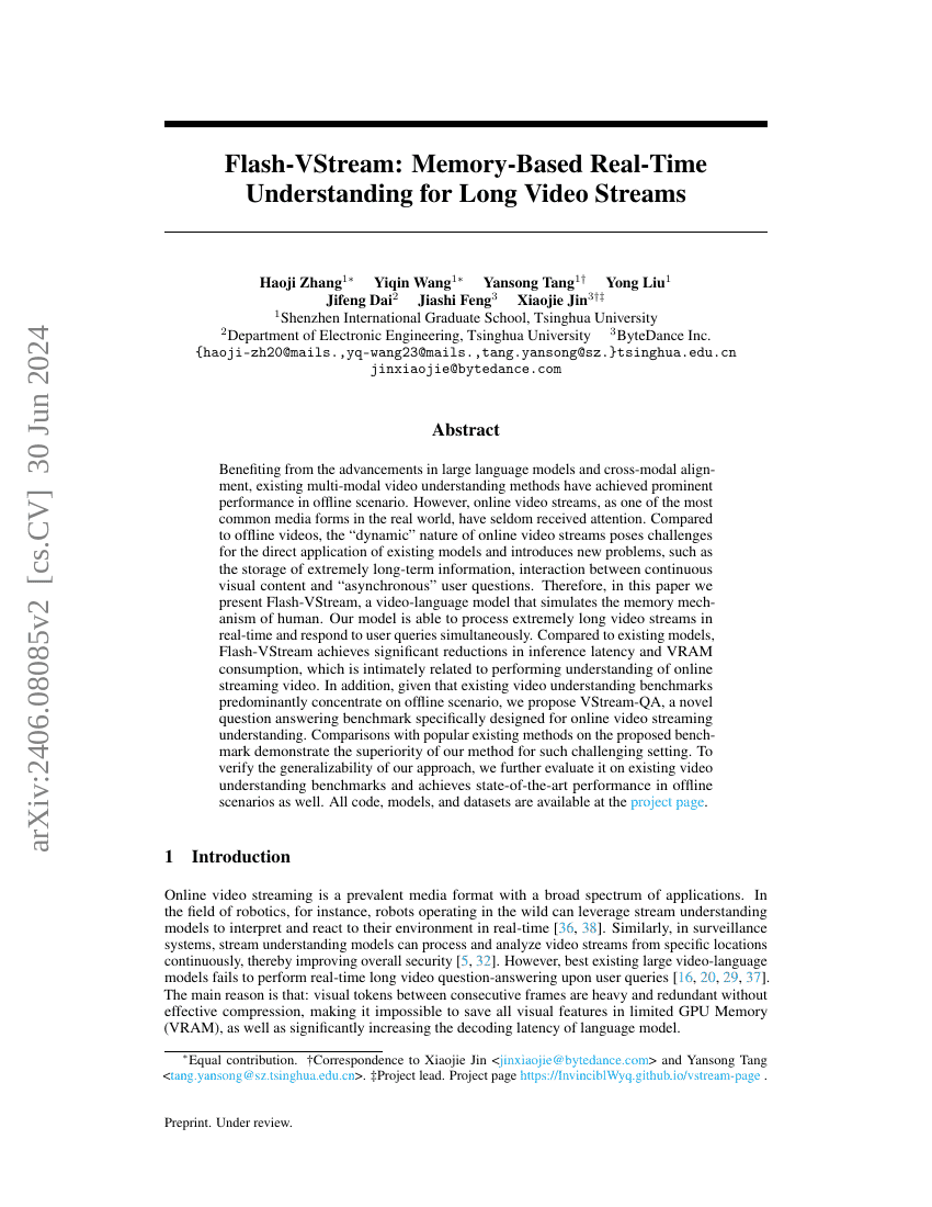 Flash-VStream：基于内存的长视频流实时理解