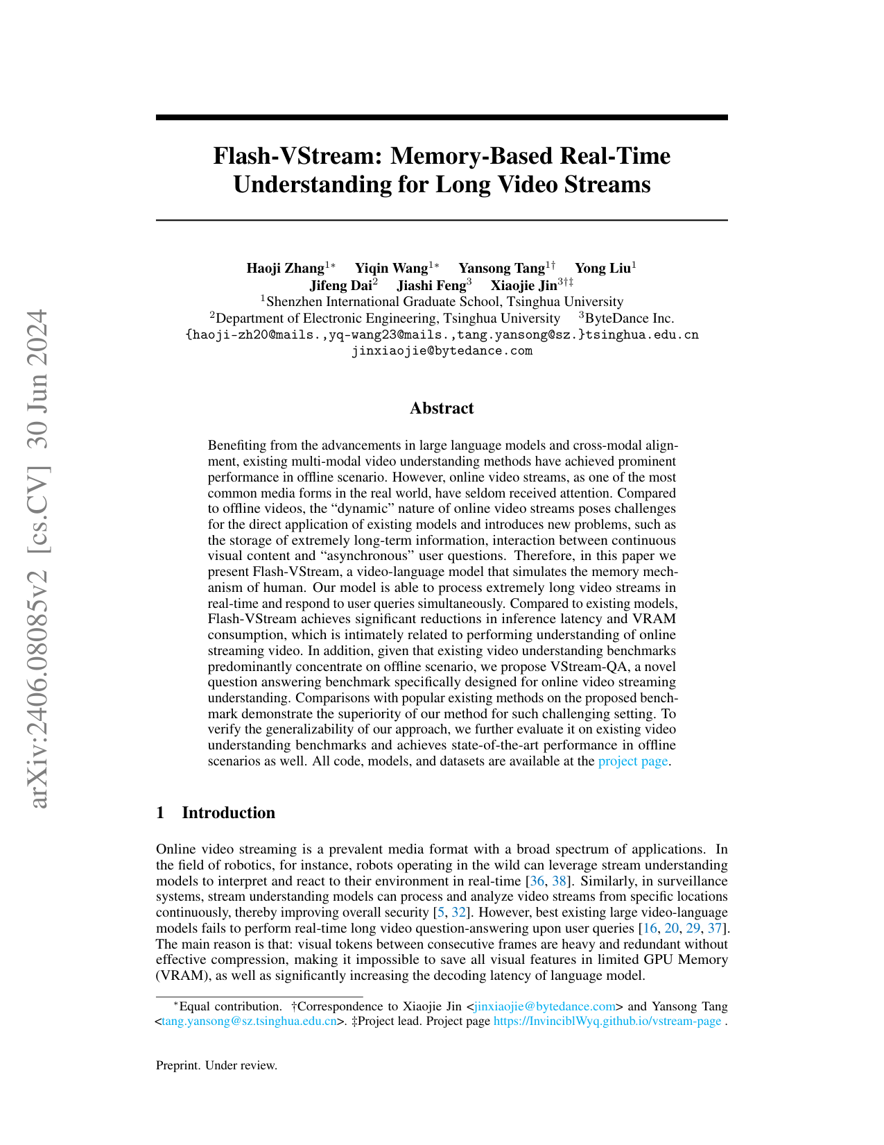 Flash-VStream: 長期ビデオストリームのメモリベースのリアルタイム理解
