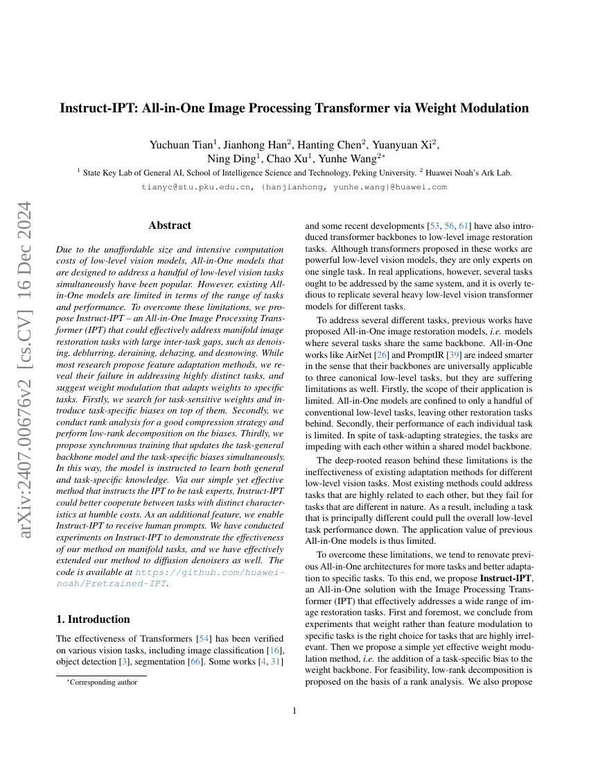 Instruct-IPT:通过权重调制实现的多功能图像处理变压器