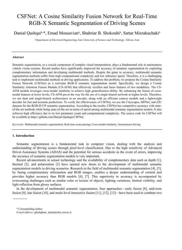 CSFNet:一种用于驾驶场景实时RGB-X语义分割的余弦相似度融合网络