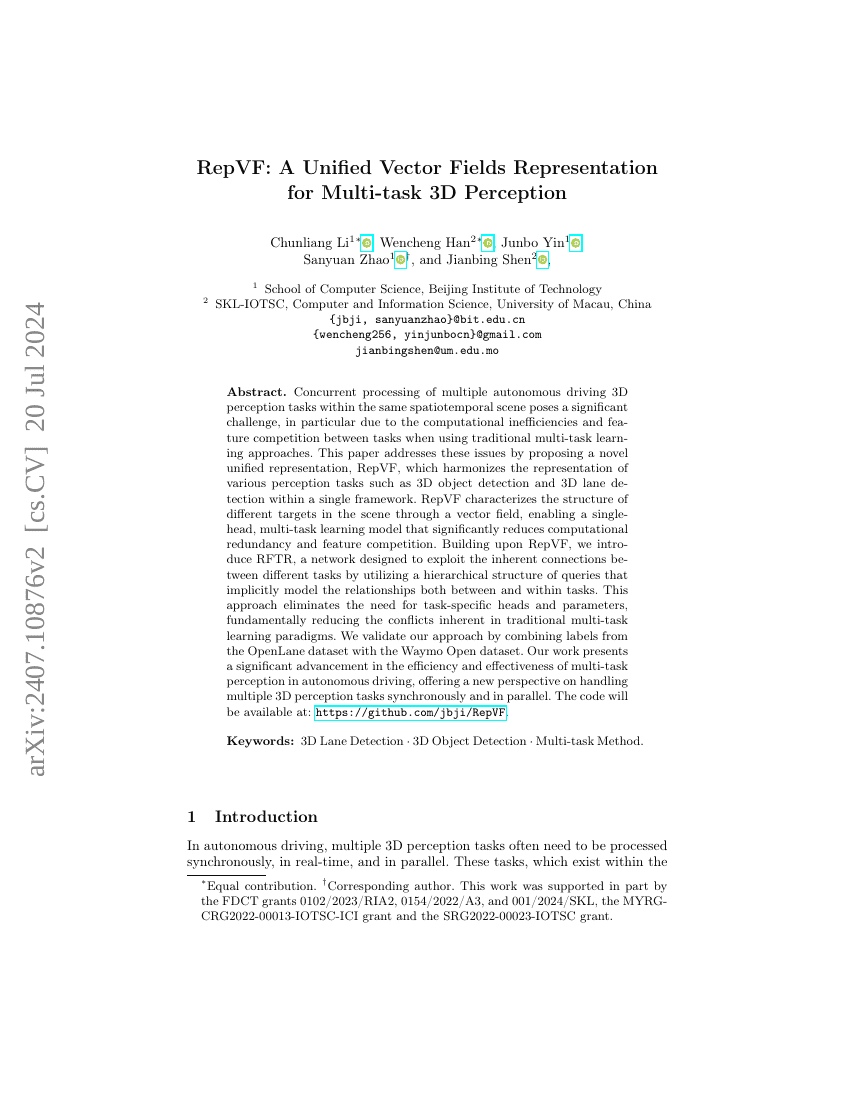 RepVF:一种统一的多任务3D感知向量场表示方法