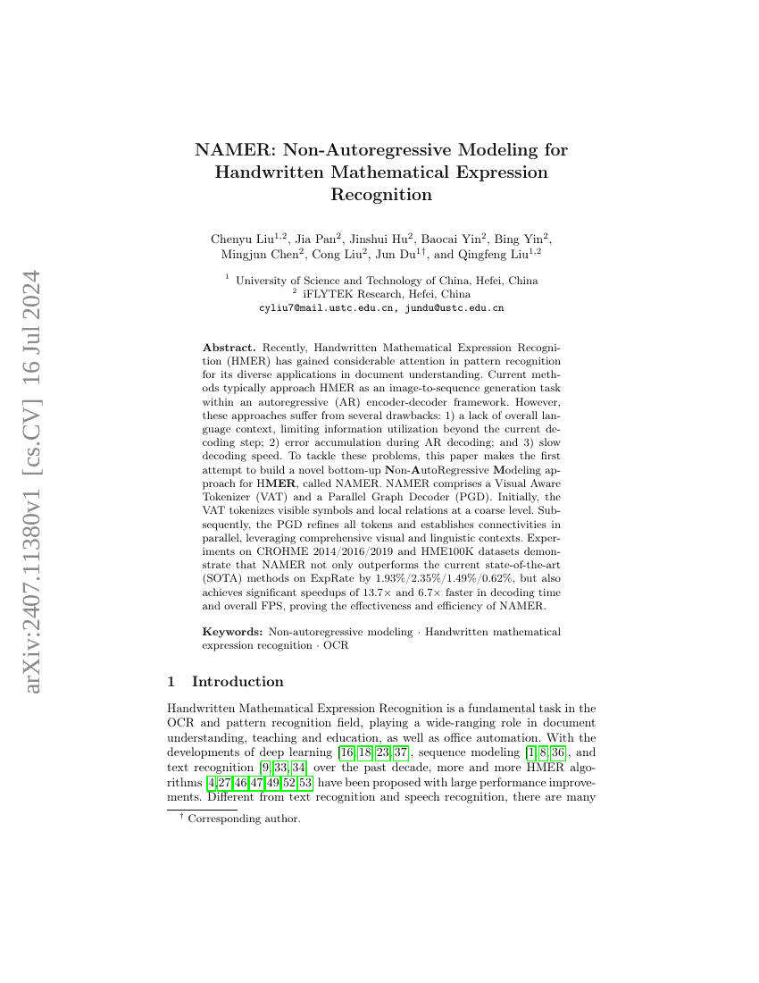 NAMER:用于手写数学表达式识别的非自回归建模