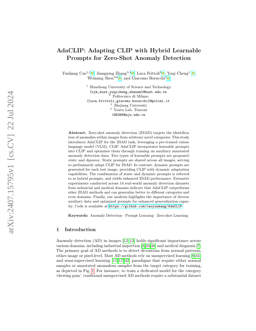 AdaCLIP:通过混合可学习提示适配CLIP实现零样本异常检测