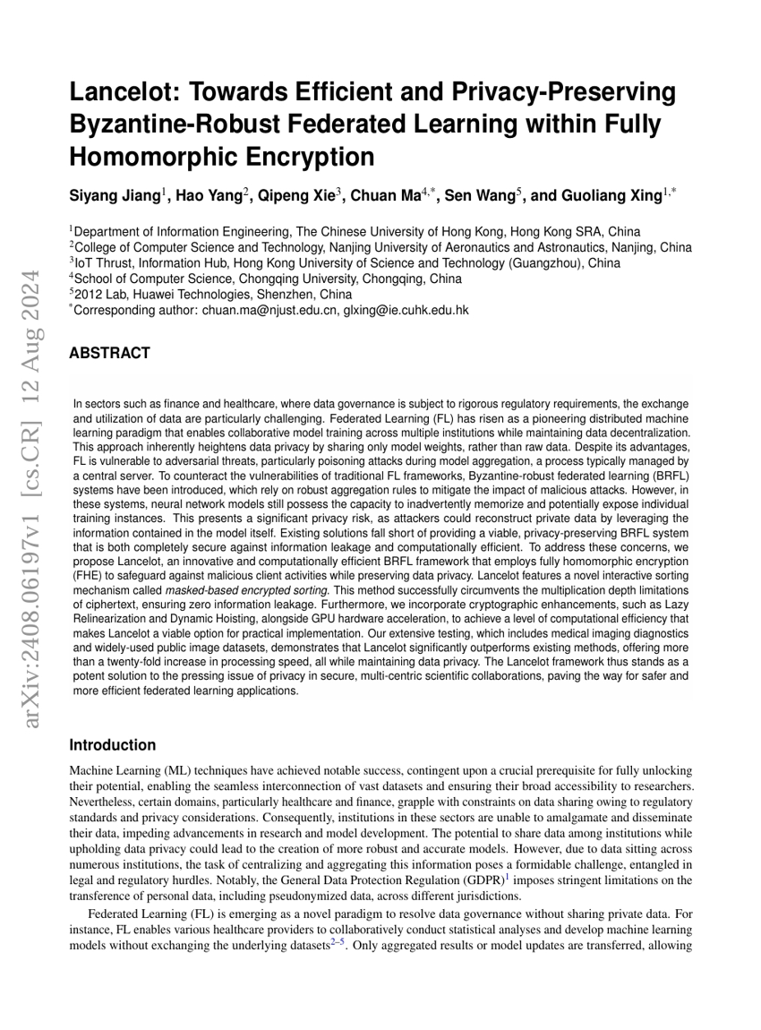 Lancelot：面向高效且隐私保护的拜占庭鲁棒联邦学习的全同态加密框架