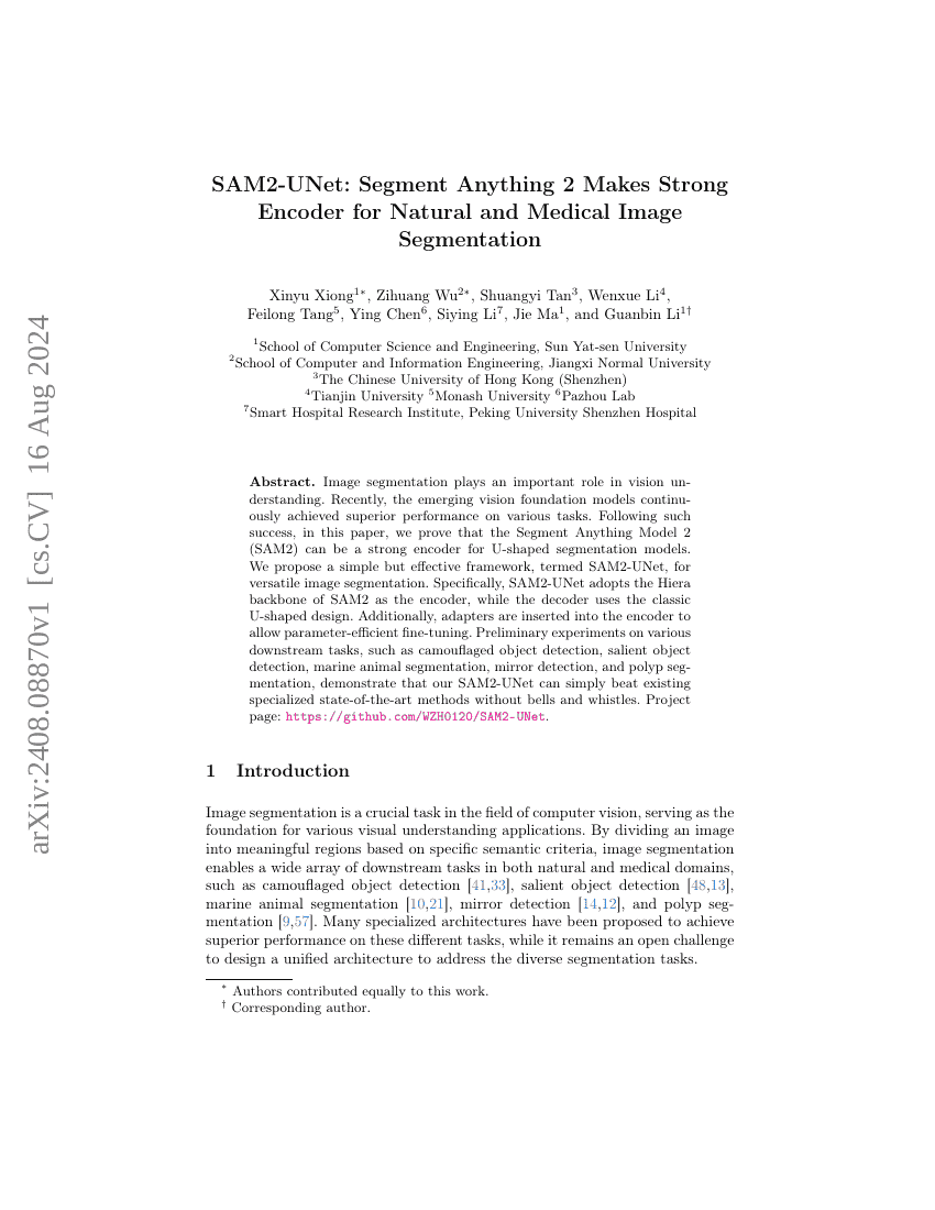 SAM2-UNet:Segment Anything 2 作为自然图像和医学图像分割的强大编码器