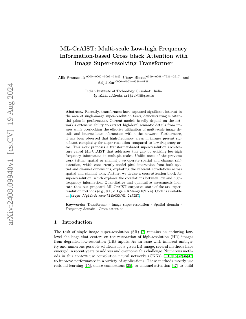 ML-CrAIST：基于多尺度高低频信息的跨黑注意力图像超分辨率Transformer