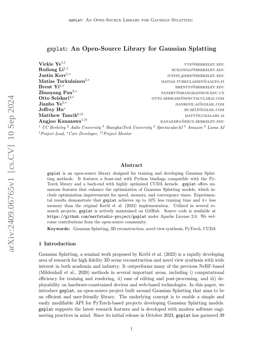 gsplat: An Open-Source Library for Gaussian Splatting