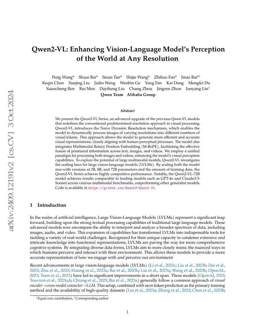 Qwen2-VL：在任意分辨率下提升视觉-语言模型对世界的感知能力