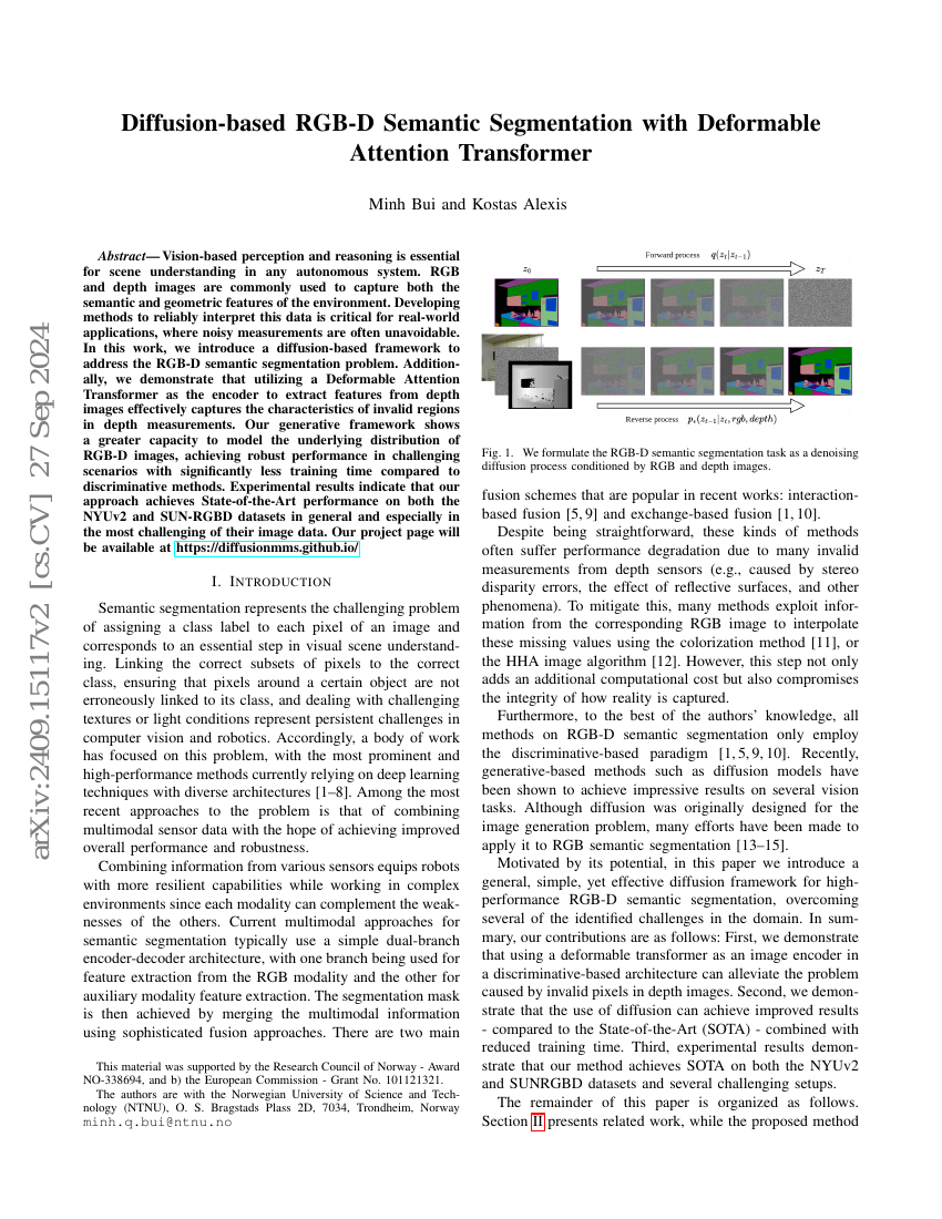 基于扩散模型的RGB-D语义分割方法:可变形注意力Transformer