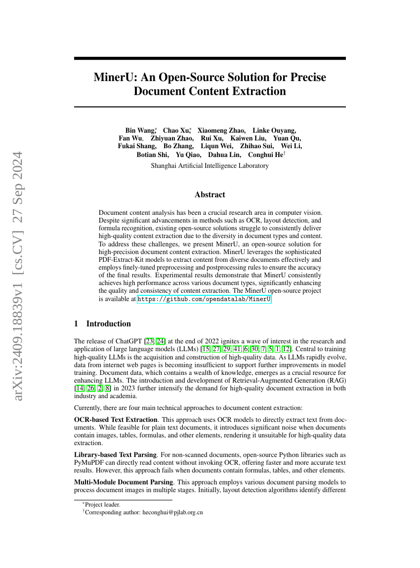 MinerU: An Open-Source Solution for Precise Document Content Extraction