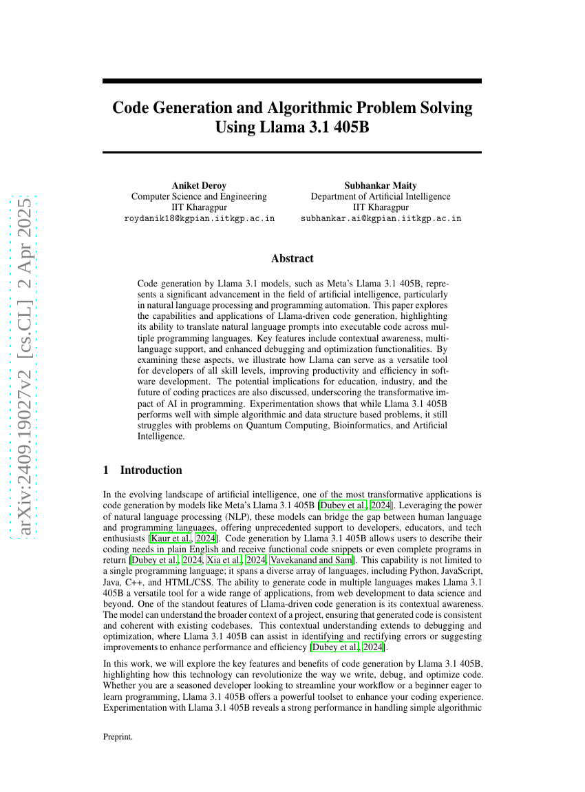Code Generation and Algorithmic Problem Solving Using Llama 3.1 405B