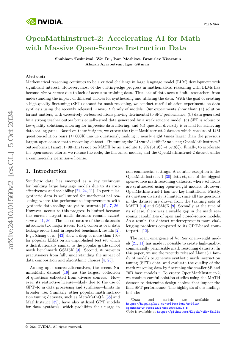 OpenMathInstruct-2:利用大规模开源指令数据加速数学AI发展