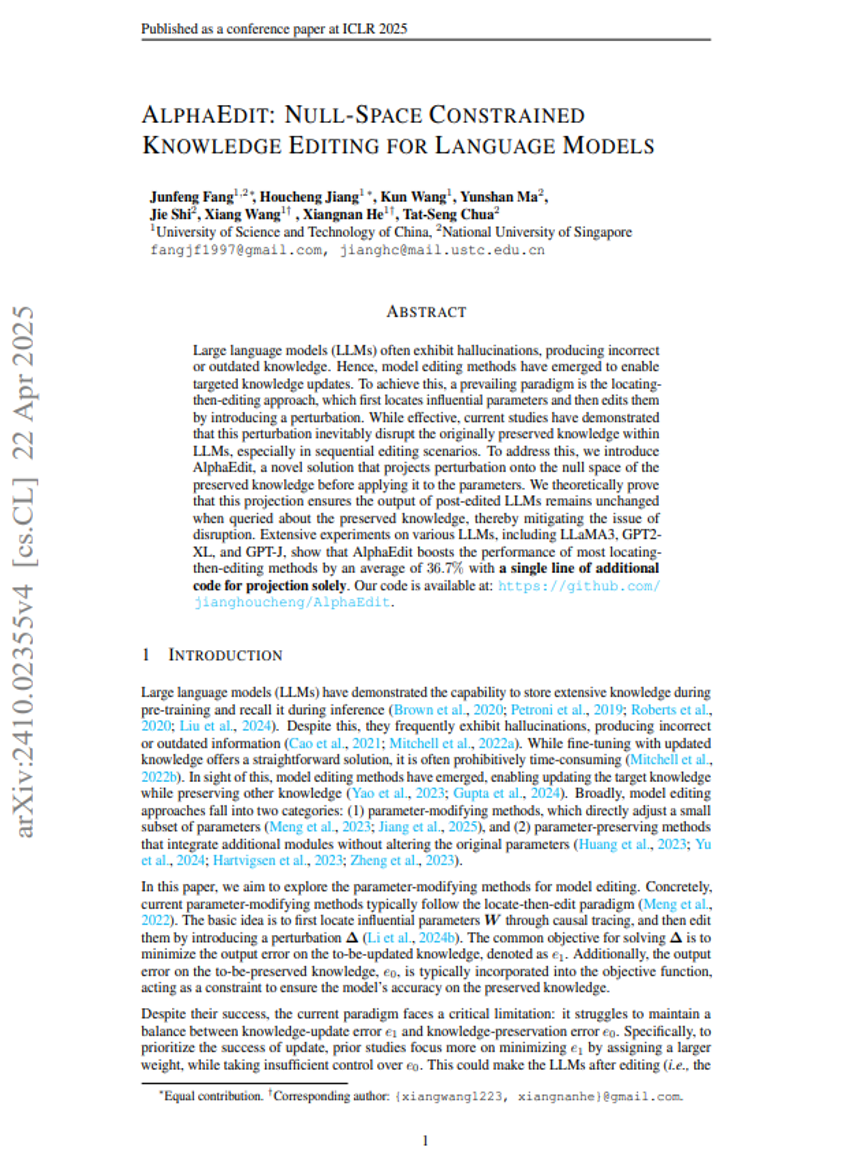 AlphaEdit: Null-Space Constrained Knowledge Editing for Language Models