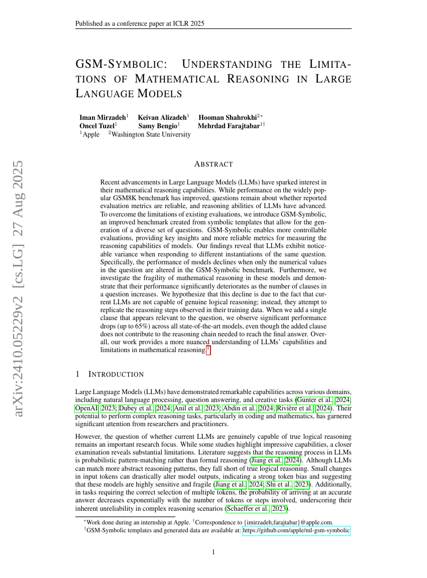 GSM-Symbolic: Understanding the Limitations of Mathematical Reasoning in Large Language Models