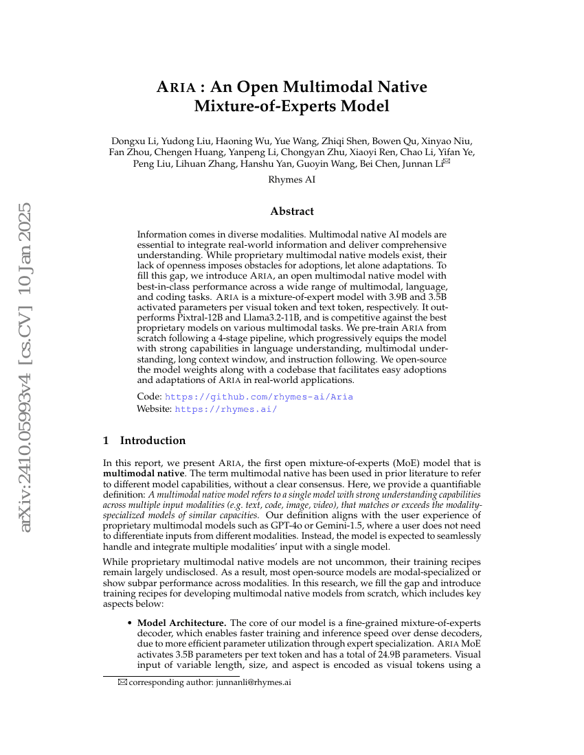 Aria:一个开放的多模态原生专家混合模型
