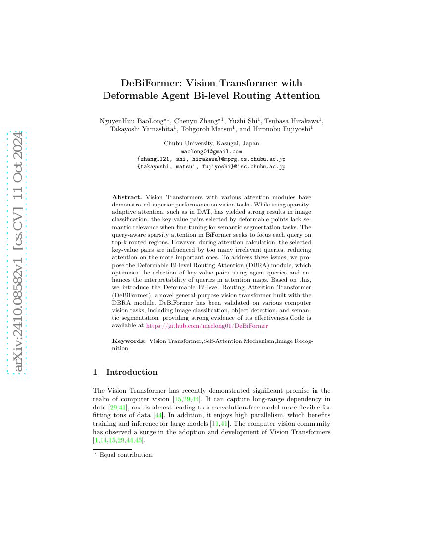 DeBiFormer:具有可变形代理双层路由注意力机制的视觉Transformer