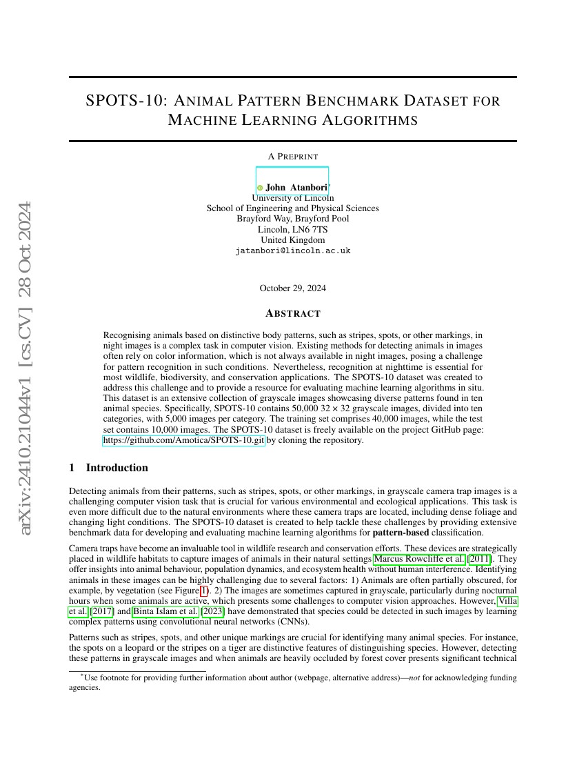 SPOTS-10:面向机器学习算法的动物图案基准数据集