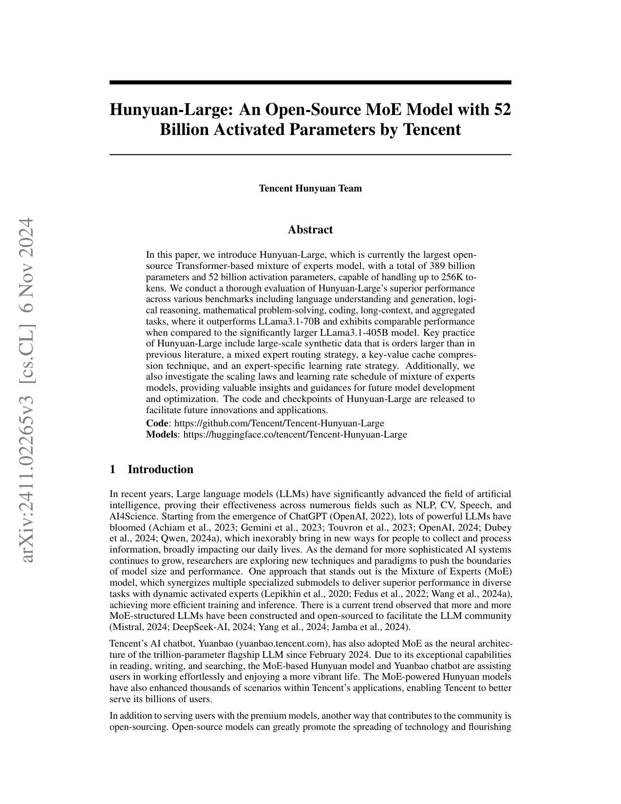 Hunyuan-Large: Tencentによる520億活性化パラメータを持つオープンソースのMoEモデル