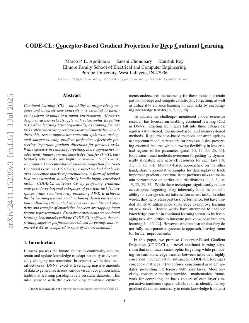 CODE-CL:基于Conceptor的梯度投影深度持续学习