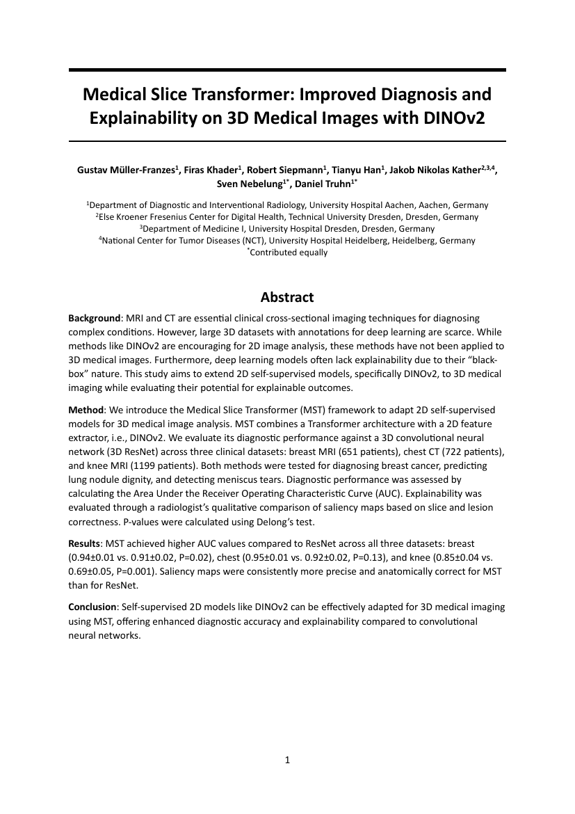 医学切片Transformer:利用DINOv2在3D医学图像上提高诊断准确性和可解释性