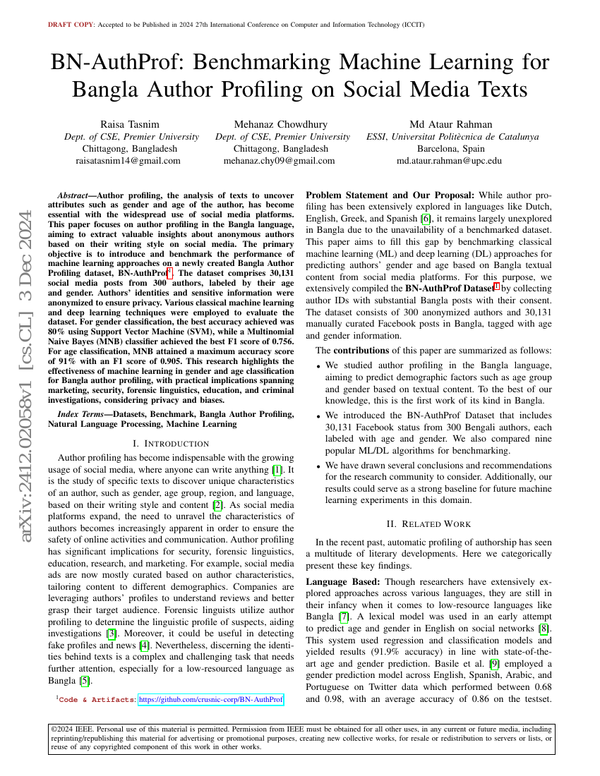 BN-AuthProf:孟加拉语社交媒体文本作者画像的机器学习基准测试