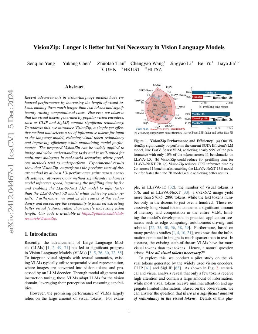 VisionZip: Longer is Better but Not Necessary in Vision Language Models