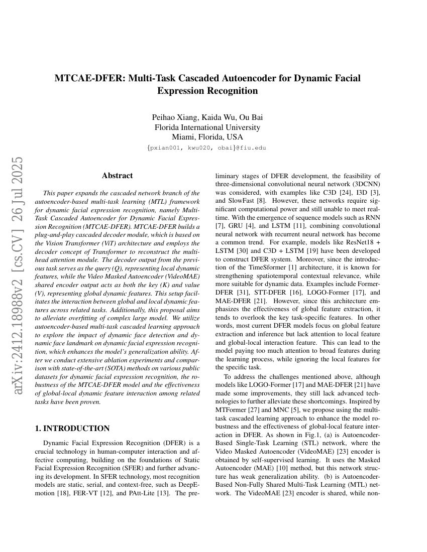 MTCAE-DFER:多任务级联自动编码器用于动态面部表情识别