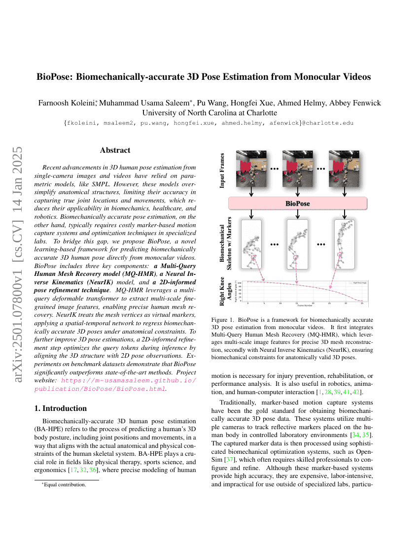 BioPose:基于单目视频的生物力学精确3D姿态估计
