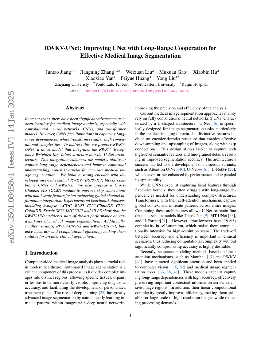 RWKV-UNet:通过长程协作改进UNet以实现有效的医学图像分割