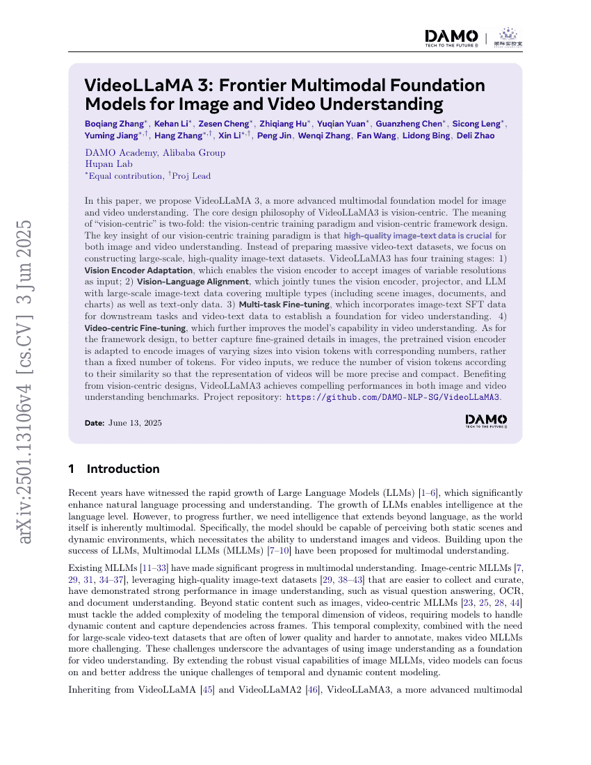 VideoLLaMA 3: Frontier Multimodal Foundation Models for Image and Video
  Understanding