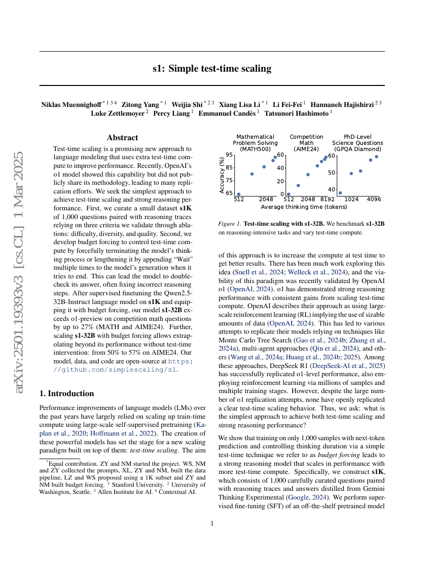 s1: Simple test-time scaling