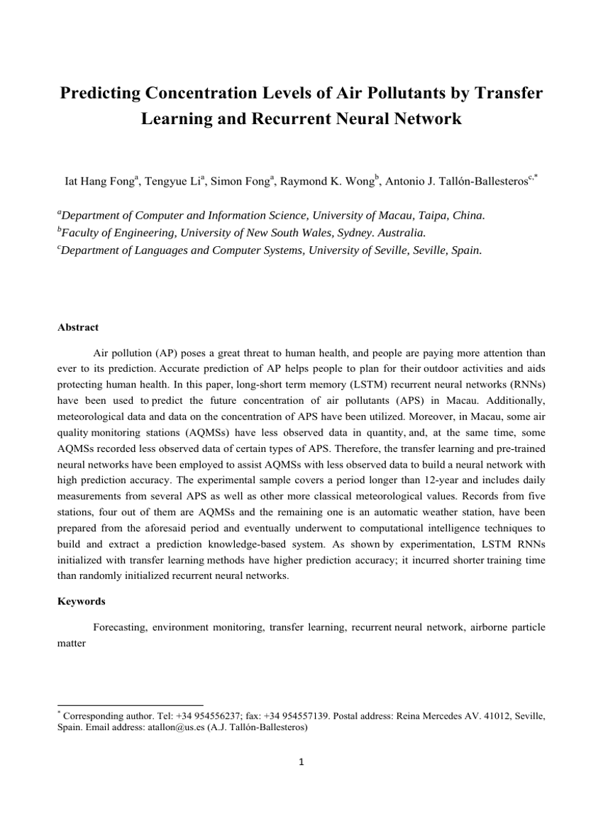 Predicting Concentration Levels of Air Pollutants by Transfer Learning and Recurrent Neural Network