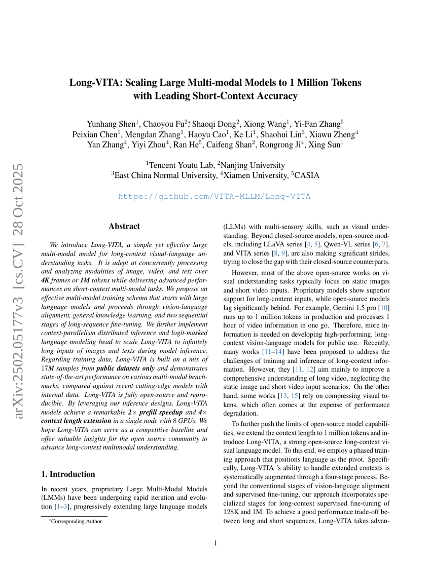 Long-VITA: Scaling Large Multi-modal Models to 1 Million Tokens with Leading Short-Context Accuracy
