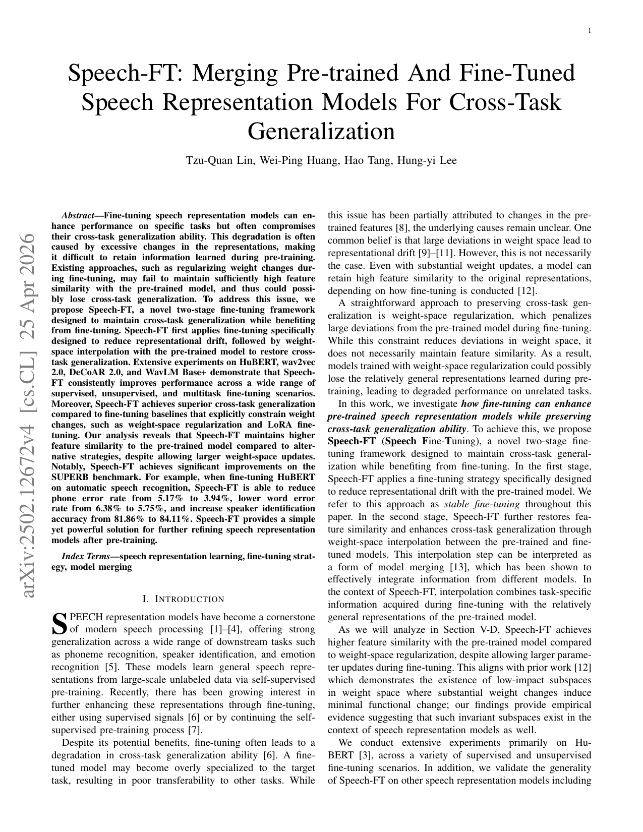 Speech-FT: 事前学習済み音声表現モデルとファインチューニング済み音声表現モデルのマージングによるタスク横断的汎化