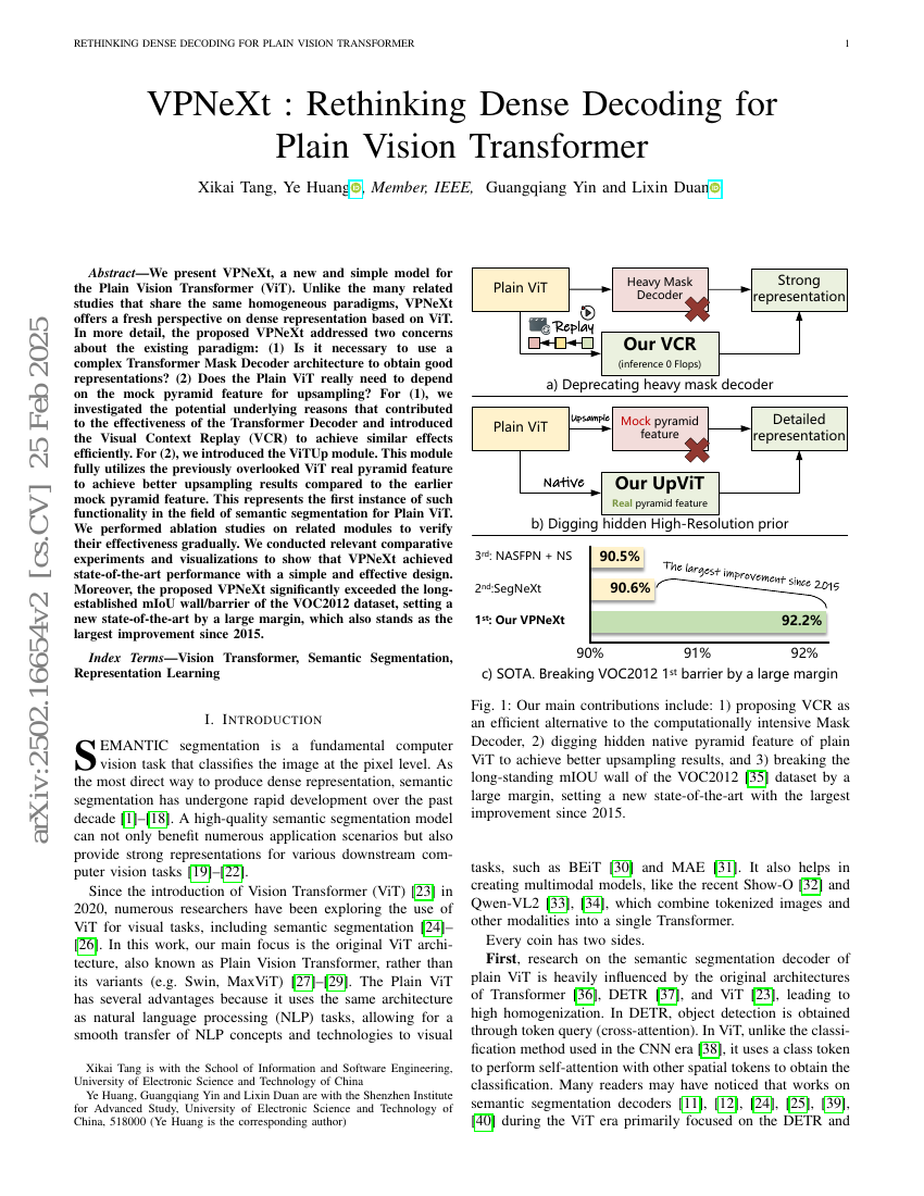 VPNeXt——重新思考纯视觉Transformer中的密集解码
