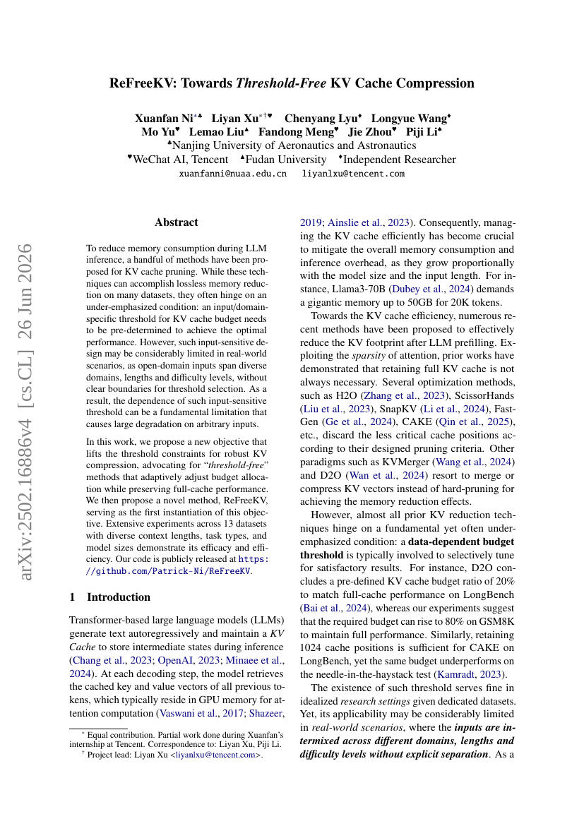 ReFreeKV: Towards Threshold-Free KV Cache Compression